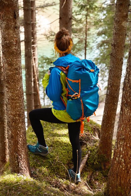 Back view of sporty woman traveler walks on hill through trees, looks down on mountain lake, enjoys being alone in nature