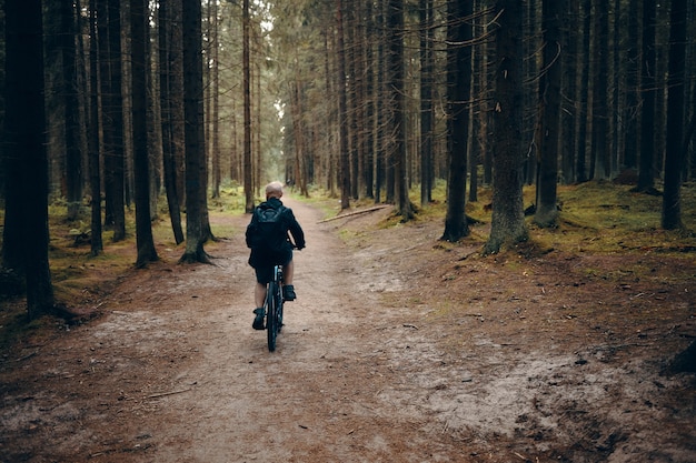 Back view of unrecognizable man riding moutain bike along deserted path in forest. Rear shot of male cycling in woods on peaceful morning with nobody around. People, nature and sports concept