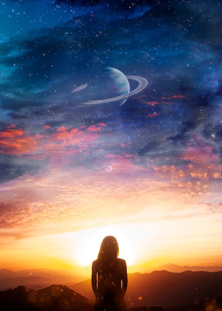 Free photo back view woman astral wallpaper