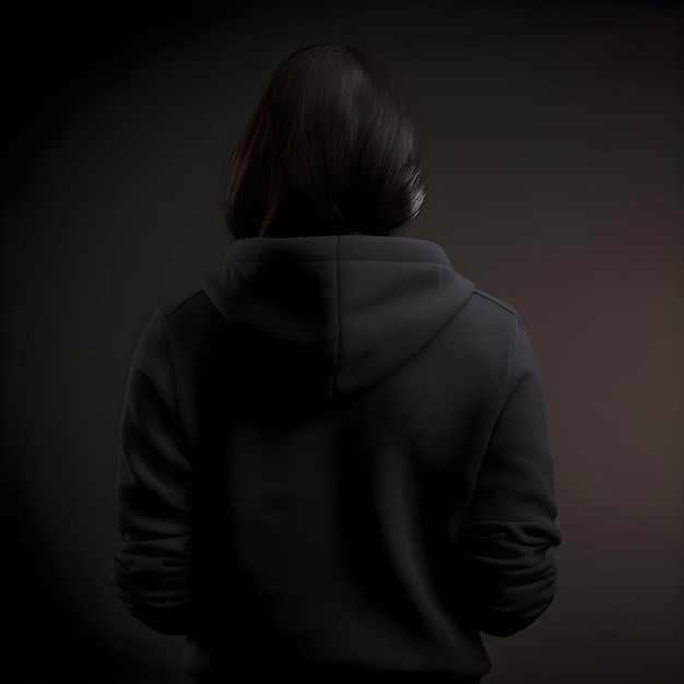 Free photo back view of a woman in black hoodie on dark background