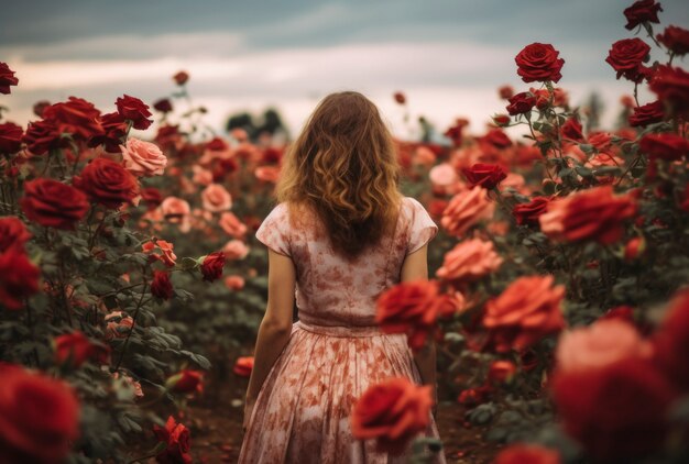 Back view woman in flower field