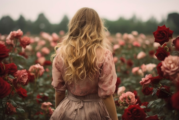 Free photo back view woman in flower field