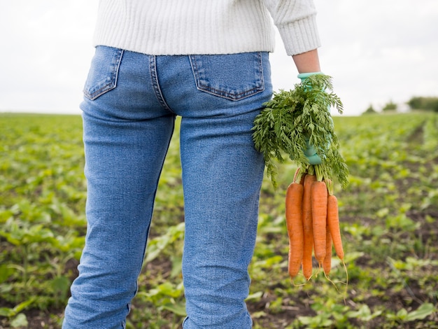 Вид сзади женщина, держащая морковь
