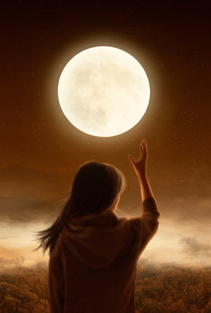 Back view woman holding moon