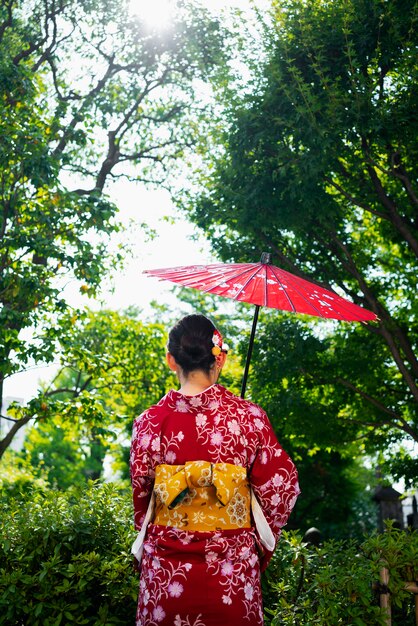 わがさ傘を持っている背面図の女性
