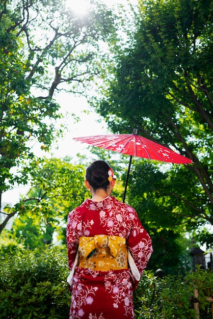 Back view woman holding wagasa umbrella