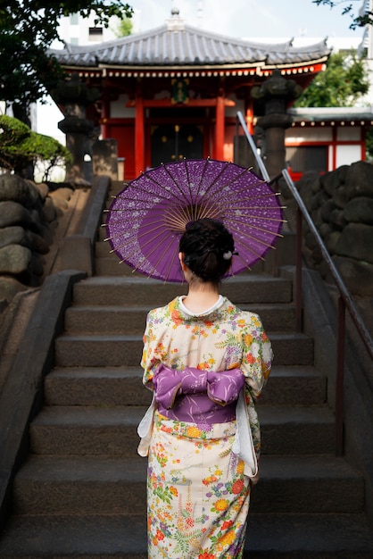 Back view woman using wagasa umbrella