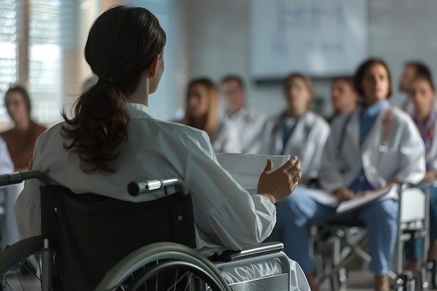 Foto gratuita vista posteriore donna in sedia a rotelle al lavoro