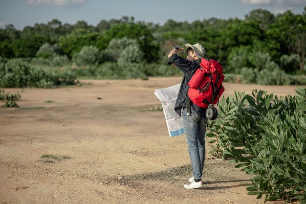 方向を確認するための地図と帽子をかぶっている若いバックパッカー男の背面図、彼は森林試験、コピースペースで夏休みの屋外でリラックスしながら大きなバックパックを運ぶ