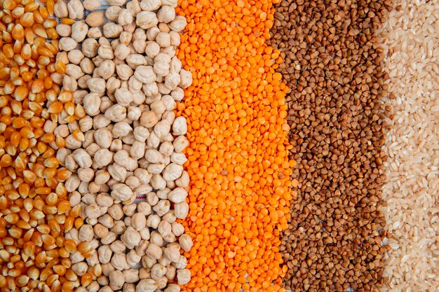 Background of different types of groats corn seeds chickpeas red lentils buckwheat and rice top view