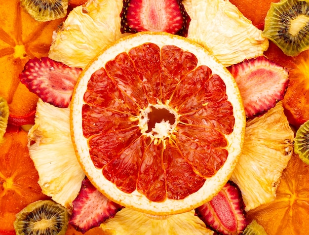 Background of dried fruits and citruses close up view