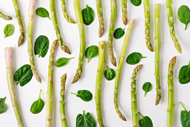 Background from isolated on white background asparagus. Top view