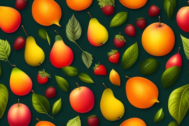 Фон фруктов и ягод с зеленым фоном.