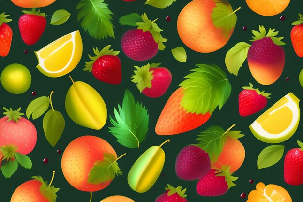 A background of fruits and vegetables with a green background.