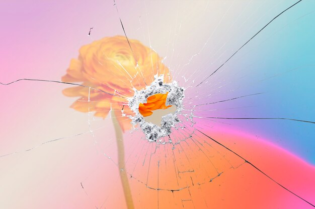 割れたガラス効果を持つオレンジ色のラナンキュラスの花の背景