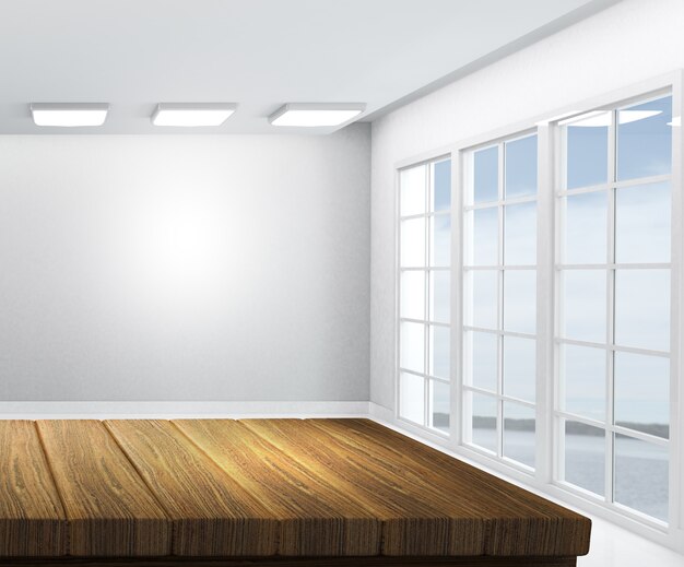 3D визуализации деревянный стол с пустой белой комнате в фоновом режиме