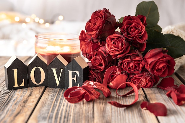 Background for Valentine's Day with a bouquet of roses and decorative details