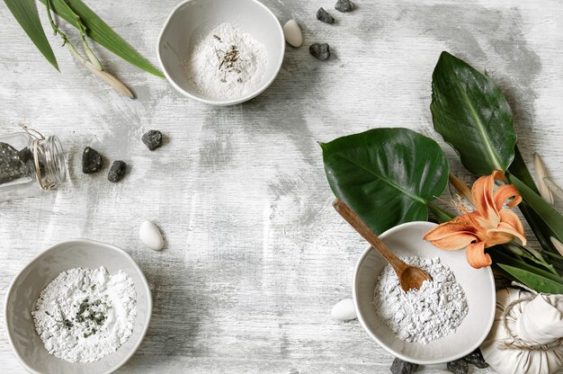 Background with natural ingredients of powder consistency for making a mask for skin care, making a mask at home.