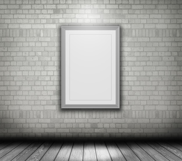 白いレンガの壁に空白の画像フレームのレンダリング3D