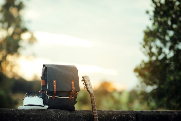 backpack with sunset