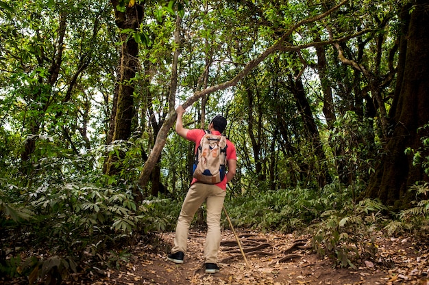 Backpacker leaning on tree
