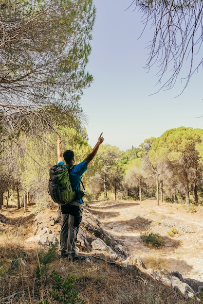 Backpacker raising arms in forest