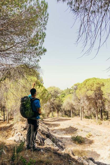 Backpacker standing under a tree