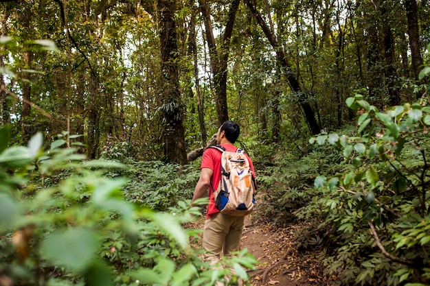 Backpacker in wild forest