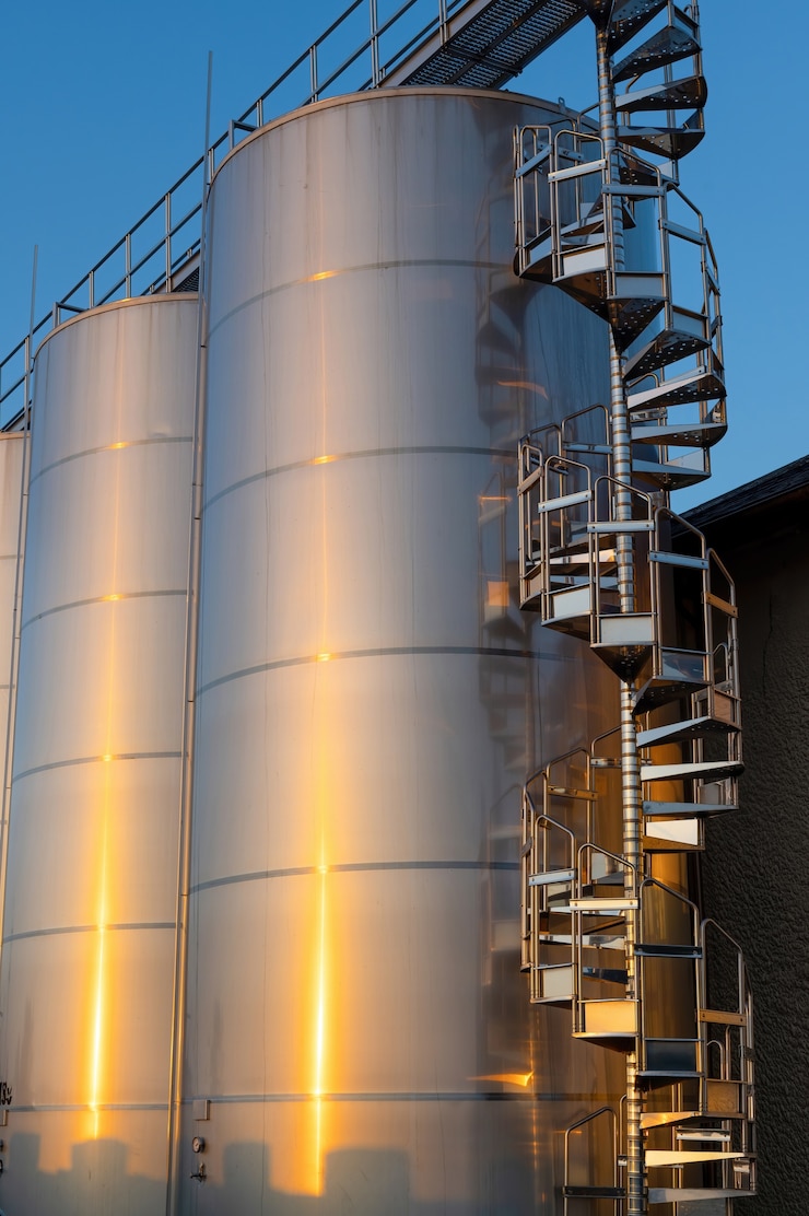 Free Photo backyard of winery at sunset with metal wine storage tanks