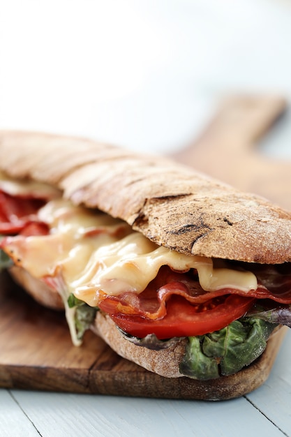 Foto gratuita panino al formaggio grigliato pancetta e pomodoro