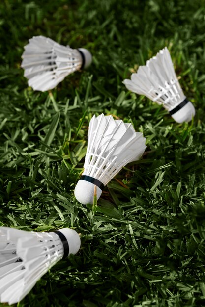 Badminton shuttlecocks on grass high angle