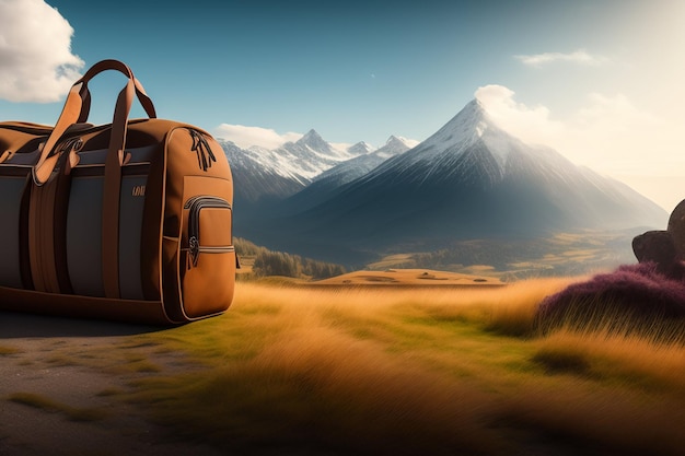 A bag on a road with mountains in the background