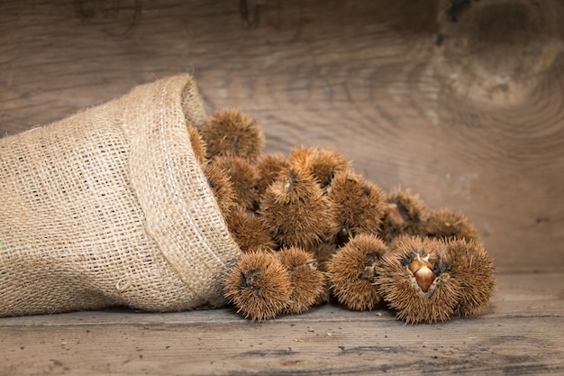 Free photo bag that spills chestnuts on rustic wood