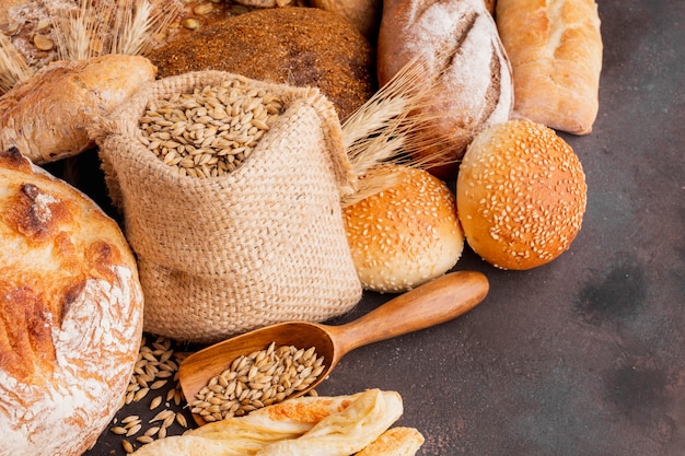 Bag of wheat seeds and assortment of pastry