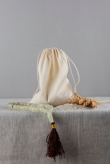 Free photo bag with rice and grains arrangement