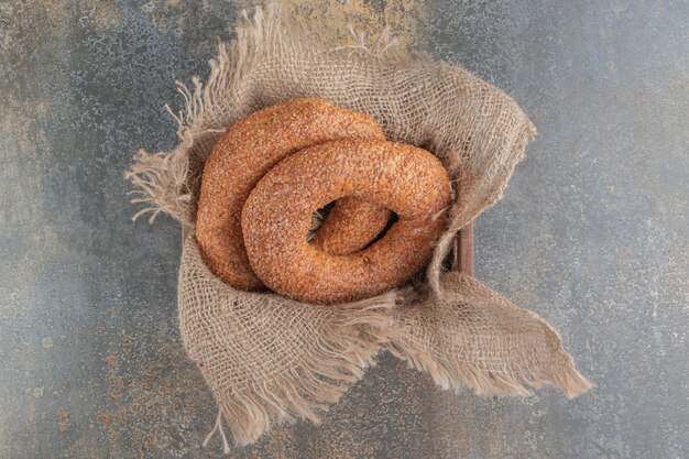 Bagels nested in a piece of cloth 