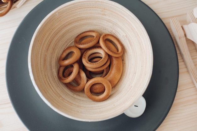 Bagels in a plate on the table Delicious and appetizing in a light plate