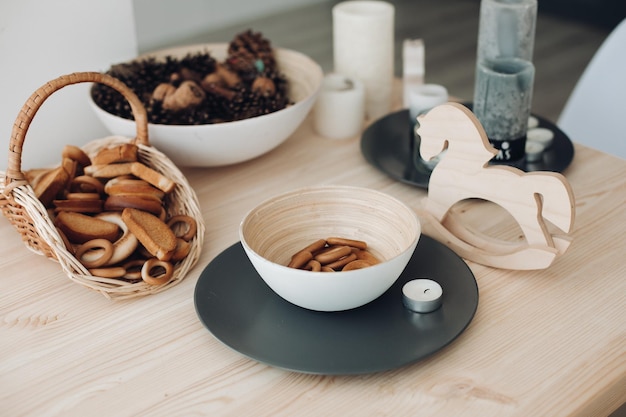 Bagels in a plate on the table Delicious and appetizing in a light plate