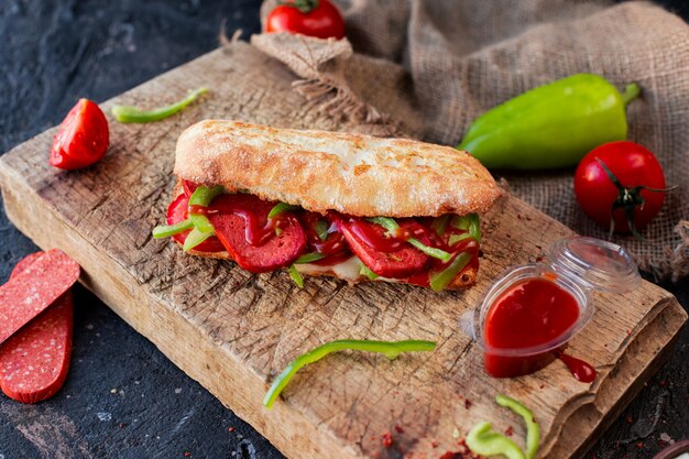 Baguette  sandwich with sucuk and vegetables