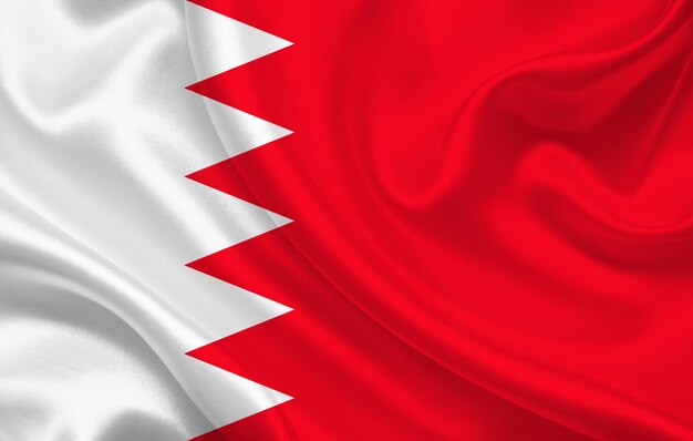 Bahrain country flag on wavy silk fabric background panorama - illustration