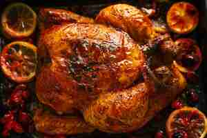 Free photo baked appetizing whole chicken with oranges and cranberries in oven form. closeup