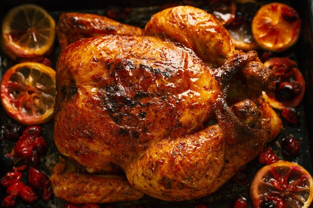 Baked appetizing whole chicken with oranges and cranberries in oven form. Closeup