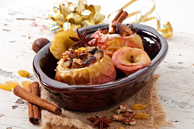 Baked apples with raisins, nuts and honey