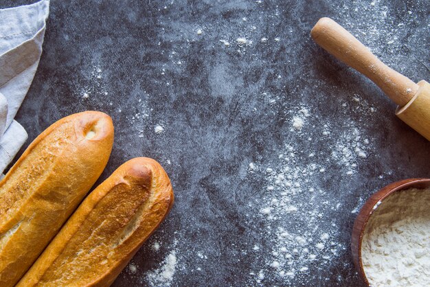 Baked baguette assortment top view with copy space