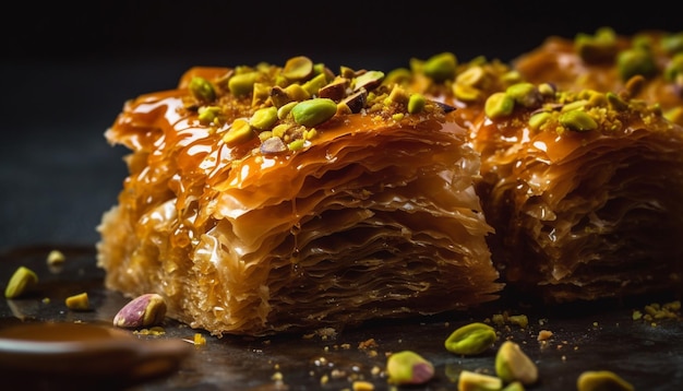 Free photo baked baklava slice with honey and walnuts generated by ai