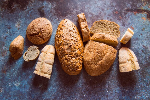 Baked bread assortment top view