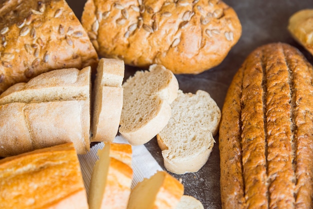 Baked bread assortment top view