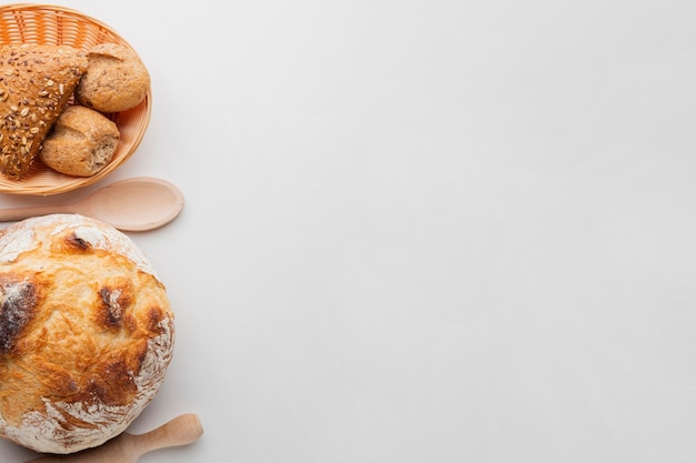 Baked bread and basket of pastry