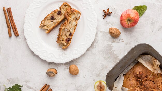 Baked dessert slices flat lay