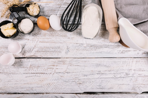 Baked ingredients on white wooden table